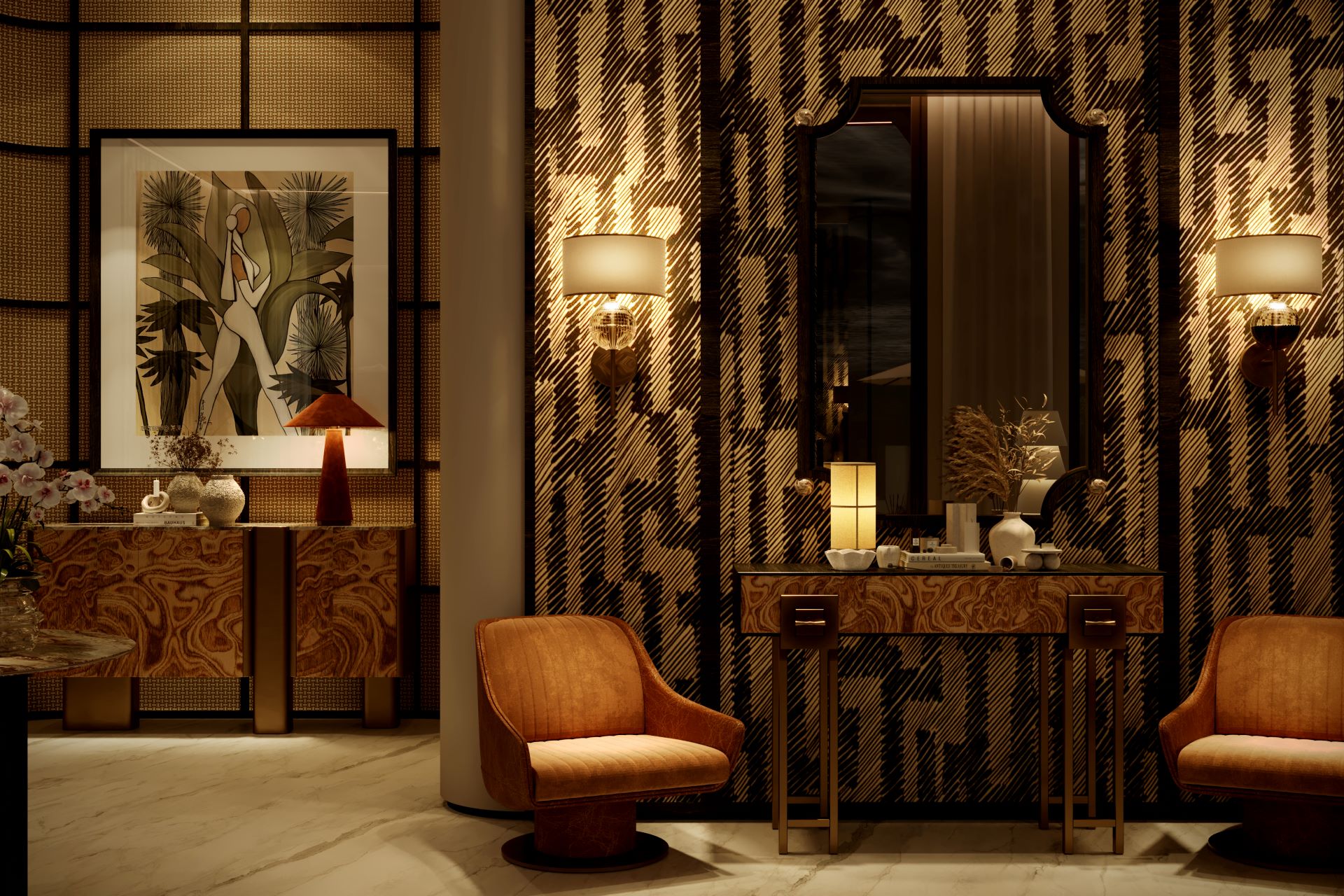 A modern, elegant living room with floor-to-ceiling windows and stunning sea views in a luxury seafront tower at The Waterfront, Lusail City.